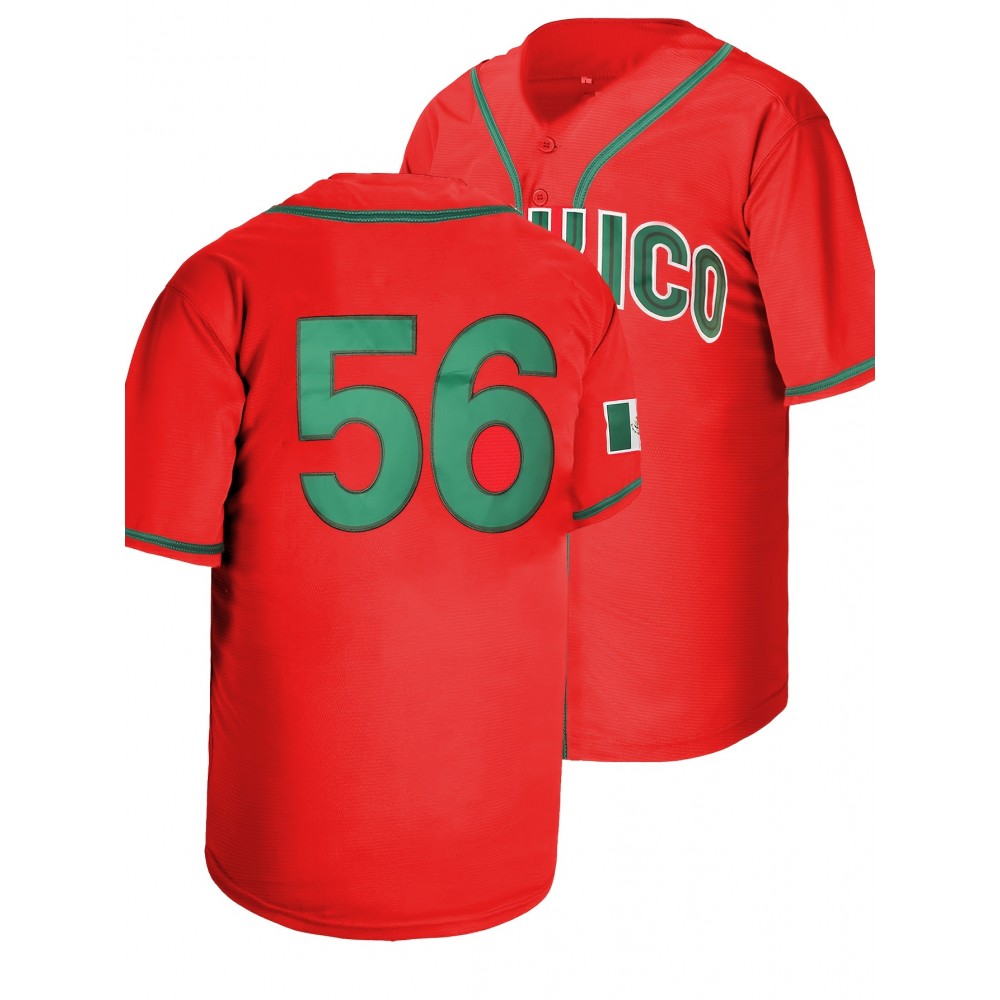 Men's #56 Red Embroidered Baseball Jersey - V-Neck, Short Sleeve, Polyester Sports Shirt for All Seasons Men's #56 Red Embroidered Baseball Jersey - V-Neck, Short Sleeve, Polyester Sports Shirt for All Seasons