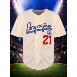 Men's Breathable Beige Baseball Jersey #21, V-neck Embroidered Polyester Sportswear for Team Sports, Beach, and Casual Wear, Loose Knit Fabric, Sizes S-3XL