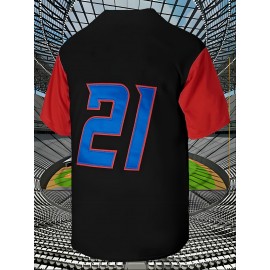Men's #21 Embroidered Baseball Jersey - Breathable V-Neck, Loose Fit, Polyester Fabric, Perfect for Street Sports, Beach Outings & Casual Wear, Sizes S-3XL