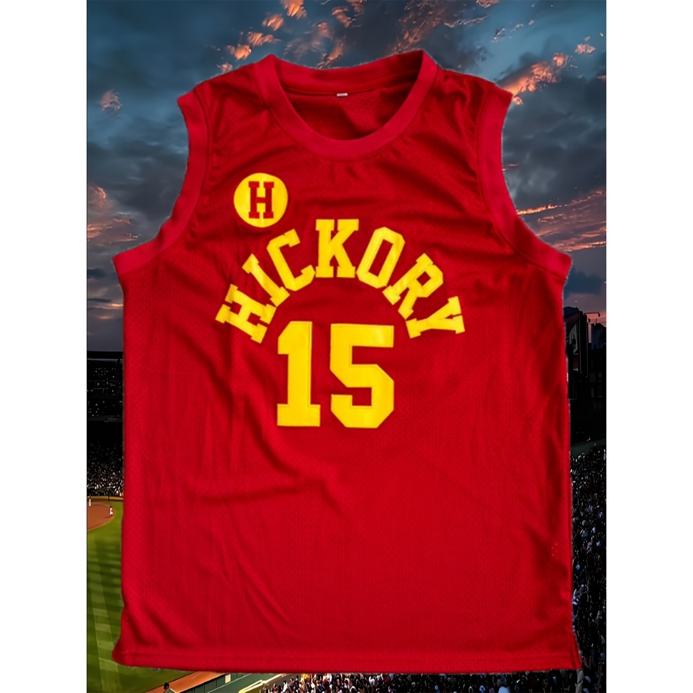 Men's #15 Red Basketball Jersey - Loose Fit, V-Neck Sleeveless Sports Shirt for Team Training, Casual Wear & Summer Parties - Details, Polyester, Machine Washable - Sizes S to XXXL, Sports Tank Top | Sleeveless Jersey | Glossy Texture