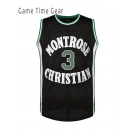 Men's #3 Montrose Christian Basketball Jersey - Black, Embroidered Green & White, Sleeveless Sportswear for Training & Competition, Breathable Mesh Fabric, Ideal for Spring-Autumn, Sizes S-XXXL