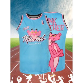 Men'S #3 Pink Panther Graphic Tank Top, 100% Polyester Embroidered Sports Jersey, Sleeveless Crew Neck, Slight Stretch, Loose Fit, for Casual, Running, Training, Hiking, Basketball, Cycling, Fishing, Daily & Weekend Wear, Adult & Teen Sizes S-3XL