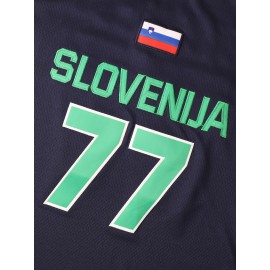 Men's Basketball Jersey #77 - Navy Blue Slovenia National Team Design with Flag Patch, Loose Fit Breathable Fabric for Training, Team Sports & Casual Wear (S-XXXL), Team Apparel | Casual Jersey | Detailing, Basketball Gear