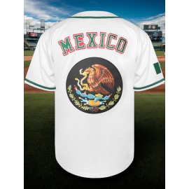 Men'S Polyester Baseball Jersey, Mexico Embroidered V-Neck Button-Up Shirt, Sports Style, Slight Stretch Fabric, for Casual, Training, Baseball, and Party Events, Four Seasons Wear for Adults and Teens