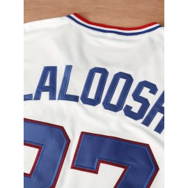 Men's #37 Retro White Baseball Jersey with Blue & Red Stripes - Embroidered, V-Neck, Short Sleeve, Loose Button-Up Shirt for Training & Games - Lightweight Polyester, Machine Washable