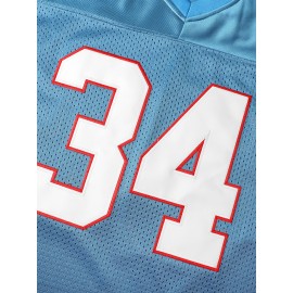 1pc Men'S Vintage Blue #34 Embroidered Polyester Sports Jersey - Breathable V-Neck Short Sleeve Top for Training, Casual Wear & Football Events, Slight Stretch Knit Fabric, Four Seasons