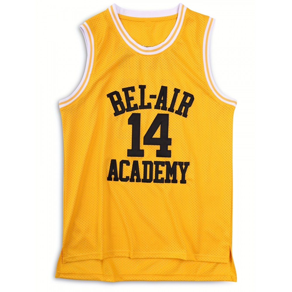 Men's #14 Basketball Jersey, Yellow Retro Crew Neck Tank Top, Letters and Numbers Hand Embroidered Patchwork Breathable Sleeveless Shirt Men's #14 Basketball Jersey, Yellow Retro Crew Neck Tank Top, Letters and Numbers Hand Embroidered Patchwork Breathable Sleeveless Shirt