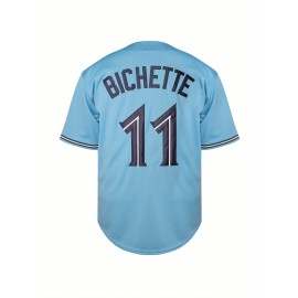 Men'S #11 Blue Baseball Jersey, Embroidered Short-Sleeve Baseball Jersey, V-Neck Loose Button-Up Shirt, a Comfortable Top Suitable for Training And Games.