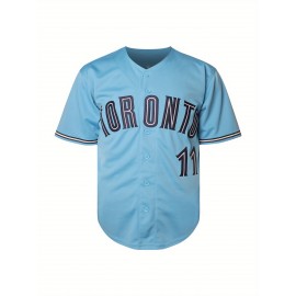 Men'S #11 Blue Baseball Jersey, Embroidered Short-Sleeve Baseball Jersey, V-Neck Loose Button-Up Shirt, a Comfortable Top Suitable for Training And Games.