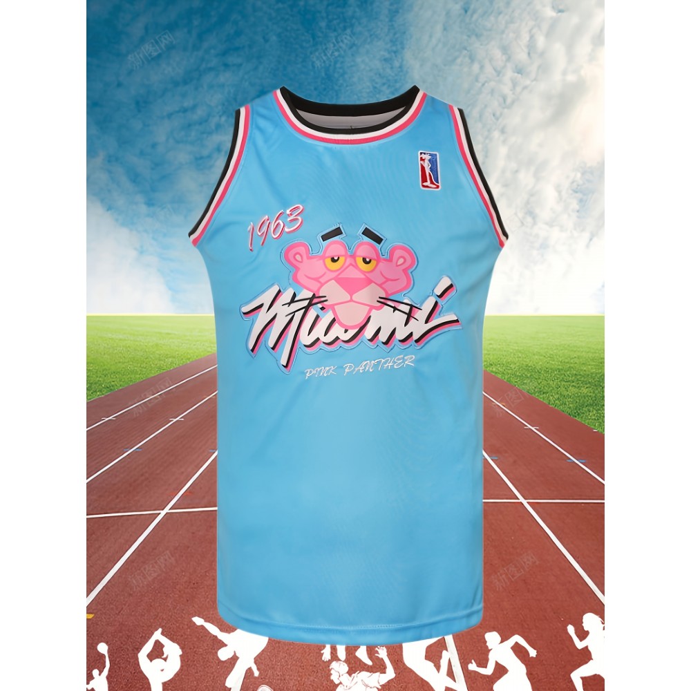 Men'S #3 Pink Panther Graphic Tank Top, 100% Polyester Embroidered Sports Jersey, Sleeveless Crew Neck, Slight Stretch, Loose Fit, for Casual, Running, Training, Hiking, Basketball, Cycling, Fishing, Daily & Weekend Wear, Adult & Teen Sizes S-3XL